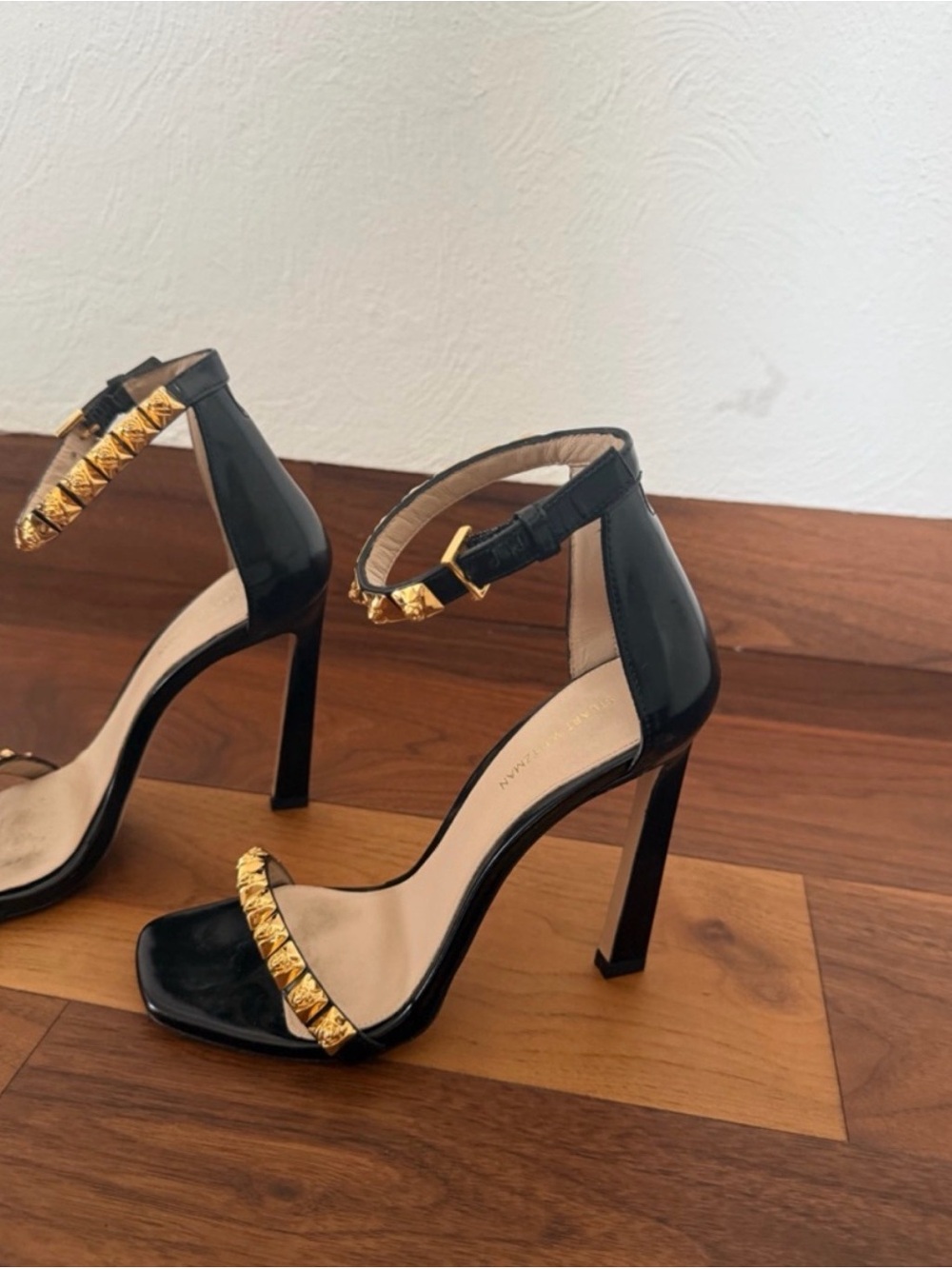Stuart Weitzman Black Patent Ankle-Strap Heels with Gold Studs